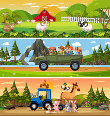 Different nature landscape at daytime scene with cartoon character