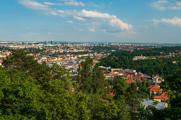 A view of the Lesser Town and Petrin hill with its famous lookout tower from Prague Castle ramparts
