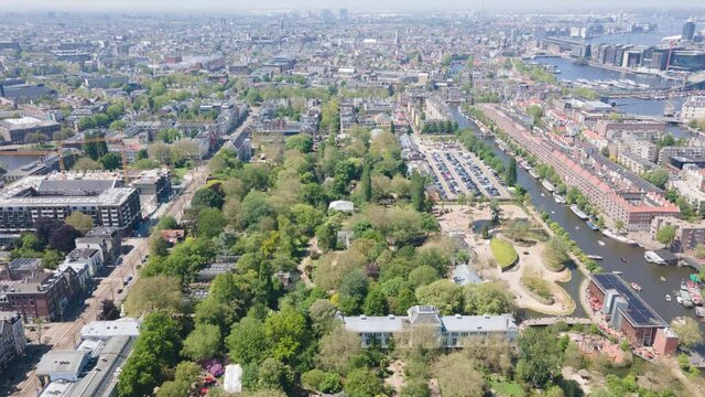 Hyperlapse aerial drone view of a city Zoo in Amsterdam, The Netherlands, Holland.