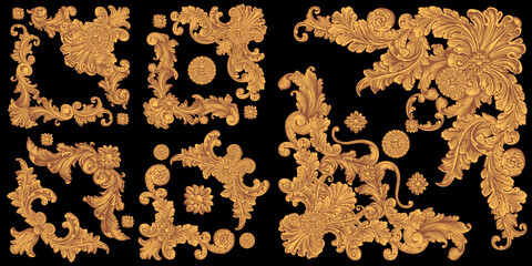 Vintage decorative ornamental gold corners. Design set. Editable hand drawn illustration. Vector engraving. Isolated on black background. 8 EPS