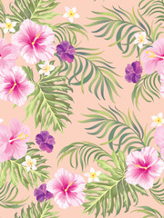 Fototapeta na wymiar Tropical pattern with hibiscus, palm leaves. Summer vector background for fabric, cover, print design, wallpaper.