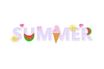 The word "summer" is decorated on a white background. An isolated word made of plasticine.