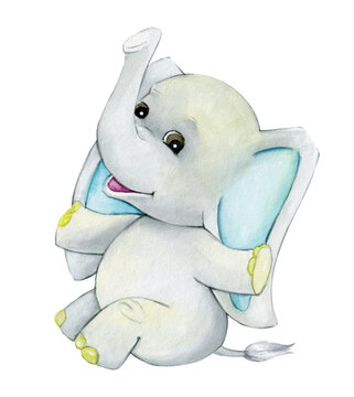 cute baby elephant, sitting. Watercolor, animal, on an isolated background, in a cartoon style.