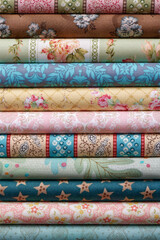 Stack of colorful cotton quilting fabrics as a background image