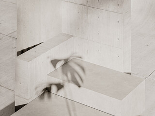 Minimal abstract cosmetic background for product presentation. Sunshade shadow, leaf shadow on grey concrete wall .Mock up scene with podium geometry shape. 3D render
