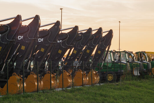 Russia,Saint-Petersburg, 01jun2021 john deere agricultural industry factory production logo farming machinery 