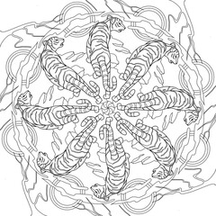 Mandala coloring book for adults and children. Tiger on a rock at sunset