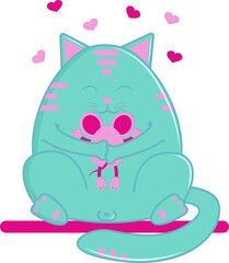 Cute cartoon cat hugs a mouse