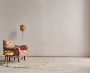 Modern armchair in the light wall concept with lamp and carpet design.