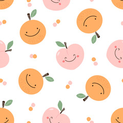 Seamless pattern with peach and orange fruit on white background vector. Cute cartoon fruit print.