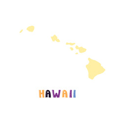 Hawaii map isolated. USA collection. Map of Hawaii - yellow silhouette. Doodling style lettering on white