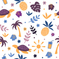 Summer colored turtle on beach - cute hand drawn doodle summer illustration - vector seamless pattern