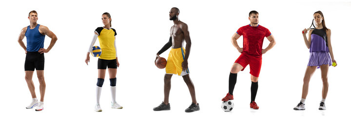 Sport collage. Tennis, soccer football, basketball, fitness, running, volleyball players posing isolated on white studio background