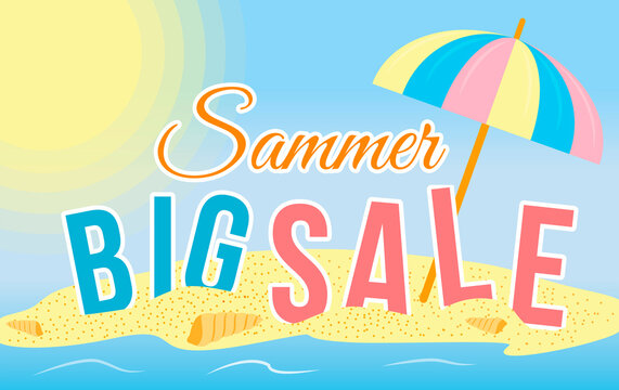 Summer sale banner with beach umbrella, sun, sea, shells and letters. Blue sky background. Vector illustration.