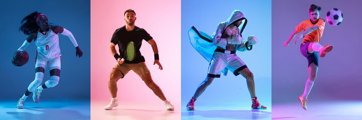 Collage of different professional sportsmen, fit people in action and motion isolated on color background in neon light. Flyer.