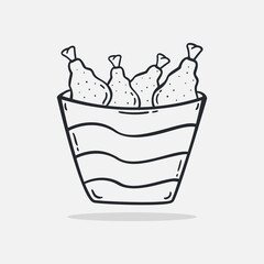 Hand drawn Fried Chicken Drumsticks in a Bucket icon Design Template. vector sketch doodle illustration. Outline style, Perfect for food concepts, icons or web design, street restaurants menu