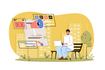 Advertising web character concept. Ad campaign in social networks, successful online communication, user advertisement, isolated scene with person. Vector illustration with people in flat design