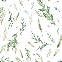 Watercolor summer herbs seamless pattern. Hand painted texture with botanical elements: plants, grass, berries, fern, leaves. Natural repeating background