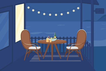 Romantic night at cafe flat color vector illustration. Table for couple to eat dinner at evening date. Backyard party. Summer 2D cartoon outdoor view with nighttime seaside on background