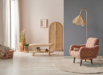 Wooden furniture sofa and cabinet style, decorative living room, lamp and frame interior concept.