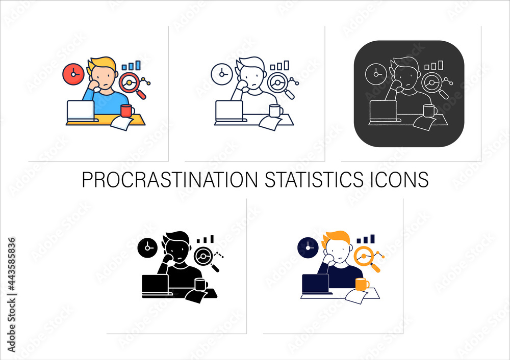 Aufkleber procrastination statistics icons set.unhappy statistic.tired person at workplace. dont want working.