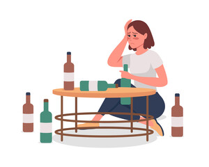 Girl with alcoholism semi flat color vector character. Sitting figure. Full body person on white. Unhealthy habit isolated modern cartoon style illustration for graphic design and animation