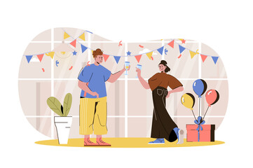 Home party web character concept. Man and woman celebrate holiday, drinking, have fun at festive event in room with decor isolated scene with persons. Vector illustration with people in flat design