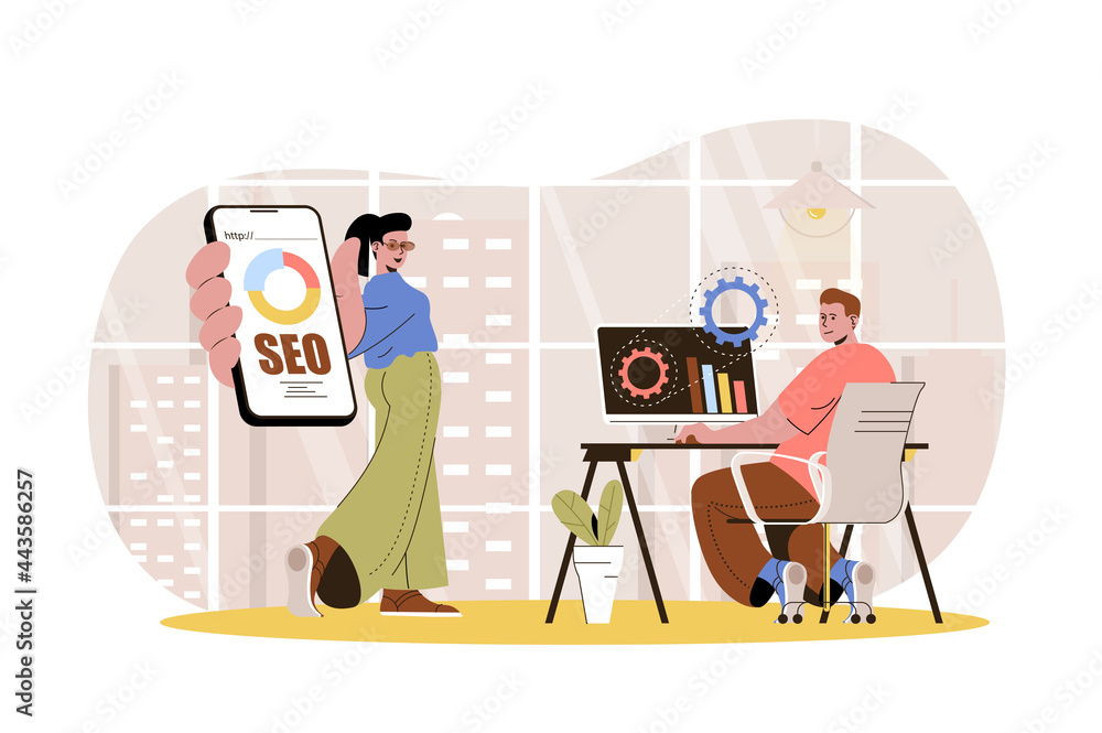Poster seo optimization web character concept. marketers team settings search engine, analyzes data, monito