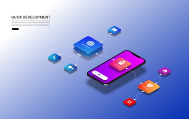 Naklejka premium mobile phone with a disassembled interface. User experience, user interface in e-commerce. Website wireframe for mobile apps