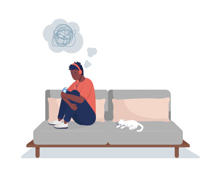 Sad Boy In Headphones On Couch Semi Flat Color Vector Character. Sitting Figure. Full Body Person On White. Teen Problems Isolated Modern Cartoon Style Illustration For Graphic Design And Animation