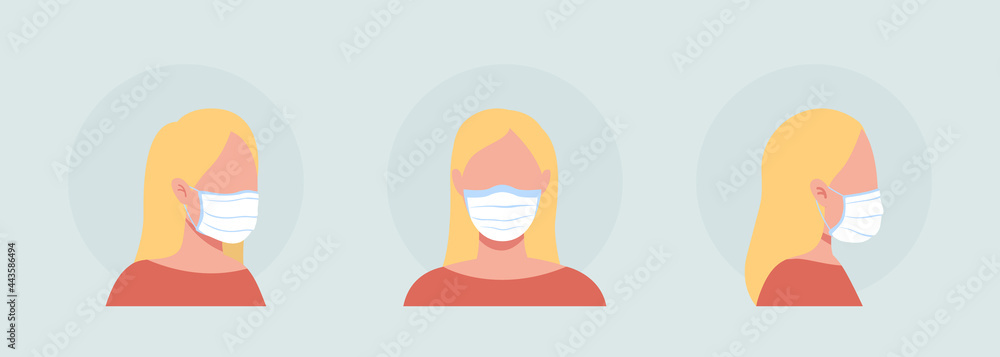 Poster cloth mask wearer semi flat color vector character avatar set. portrait with respirator from front a