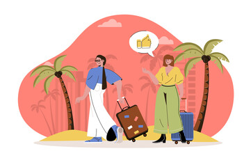 Summer vacation web character concept. Women with suitcases went on trip, summer trip to seaside tropical resort together isolated scene with persons. Vector illustration with people in flat design