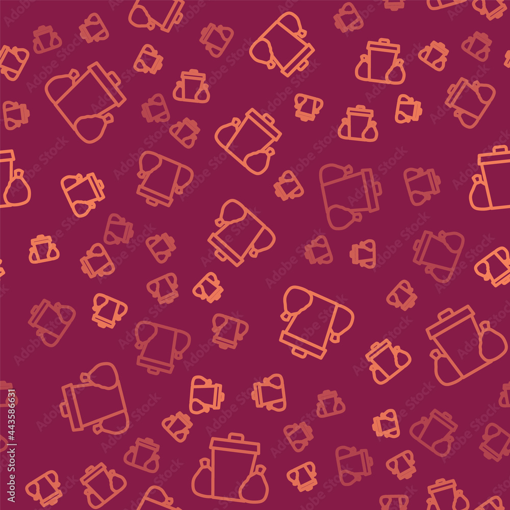 Poster brown line trash can icon isolated seamless pattern on red background. garbage bin sign. recycle bas