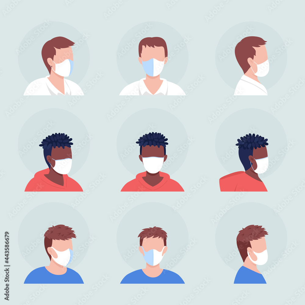 Poster no-pleat white mask semi flat color vector character avatar set. portrait with respirator from front