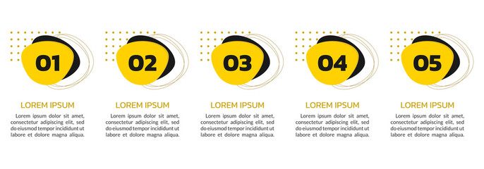 Fototapeta premium 5 steps or options info graphic design with numbers and abstract shapes. Business process, timeline infographic, presentation template. Vector illustration.