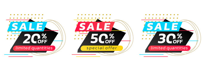 Sale badge, tag or label set with abstract shapes. Modern discount stickers with 20, 30, 50 percent price off. Vector illustration.