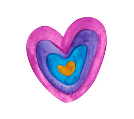 Watercolor rainbow illustration with boho style watercolor. Hand drawn rainbow with bright color heart. Watercolor rainbow heart isolated on a white for your design: textile, fabric, postcard