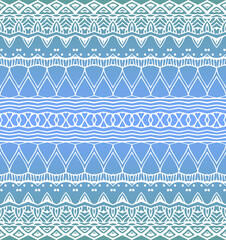 Seamless pattern with white lace ornament on gradient blue background. Beautiful print for fabric. Border for summer dress.