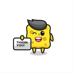 the mascot of the sponge holding a banner that says thank you