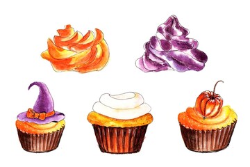 Set Halloween Cupcake elements. Watercolor hand drawing illustration, isolated, white background.