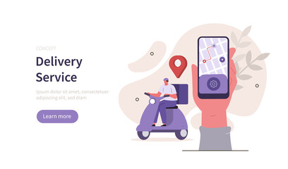 Hand holding smartphone with mobile app for delivery tracking on screen. Courier on scooter delivering parcel box. Smart logistic concept. Flat cartoon vector illustration.