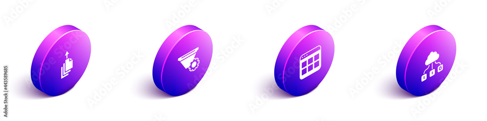 Poster set isometric data export, filter setting, browser files and cloud technology data transfer icon. ve
