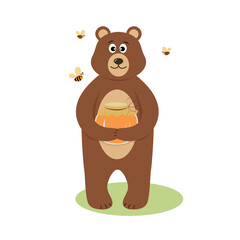 Cute cartoon bear holding honey jar. Vector illustration for design