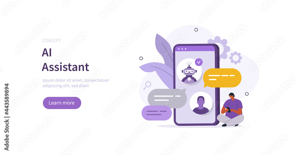 Poster customer having dialog with chat bot on smartphone. character chatting with robot, asking questions 