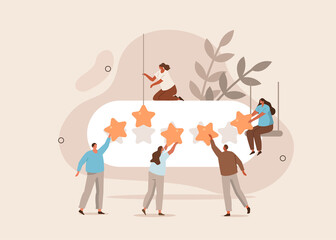 People сharacters giving positive five star feedback. Clients choosing satisfaction rating. Customer service and user experience concept. Flat cartoon vector illustration.
