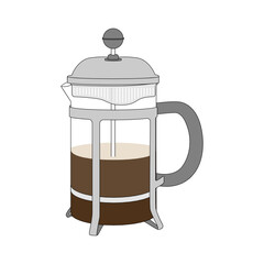 French press - geometrical illustration of alternative coffee brewing tool. Simple illustration with thin black outline. Isolated on white.