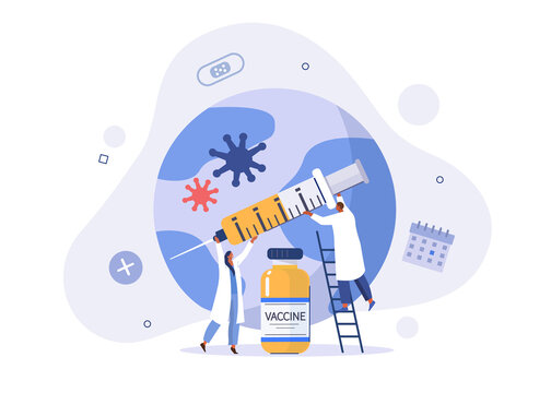 Doctor And Nurse Holding Syringe And Preparing For Global Vaccination Against Coronavirus. Covid Vaccine Ready For Clinical Trial. Immunization Campaign Concept. Flat Cartoon Vector Illustration.