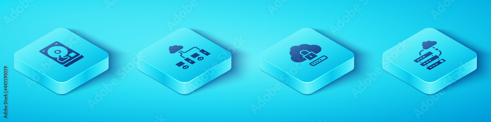 Poster Set Isometric Hard disk drive HDD, Computer network, Network cloud connection and Cloud computing lock icon. Vector