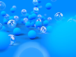 3D rendered illustrations of blue and clear ball spheres. Hydrogen molecules modell for ecological fuels or modern solution industry. Visualization for blue energy.