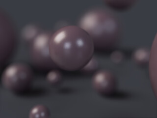 3d-illustration render in dark atmosphere. Moving brown molecule balls in abstract formation. Composition of glossy round objects. illustrative molecule concept with light effects and reflections